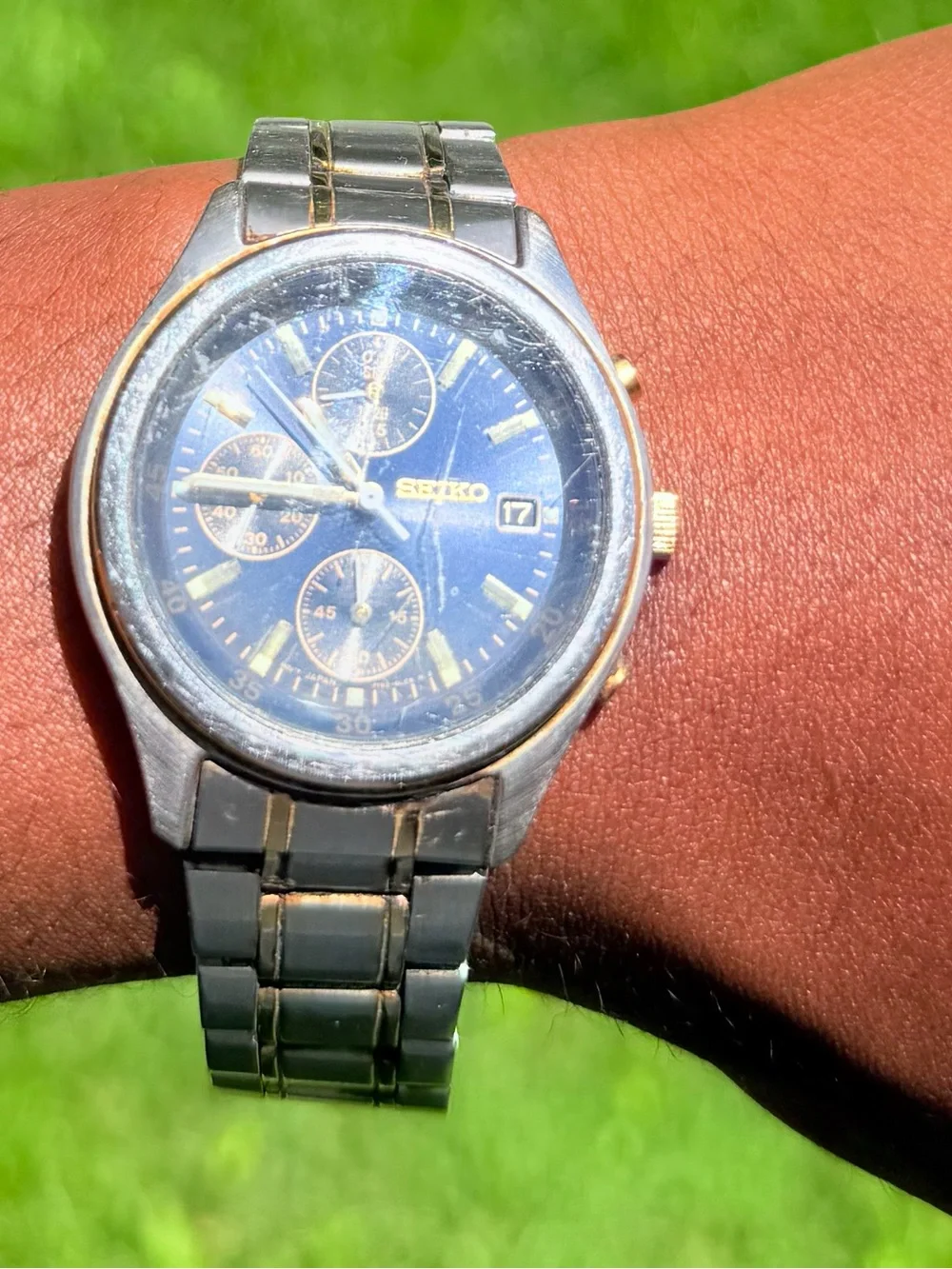 Seiko Men's Silver Stainless Steel Chronograph Watch with Blue Dial
